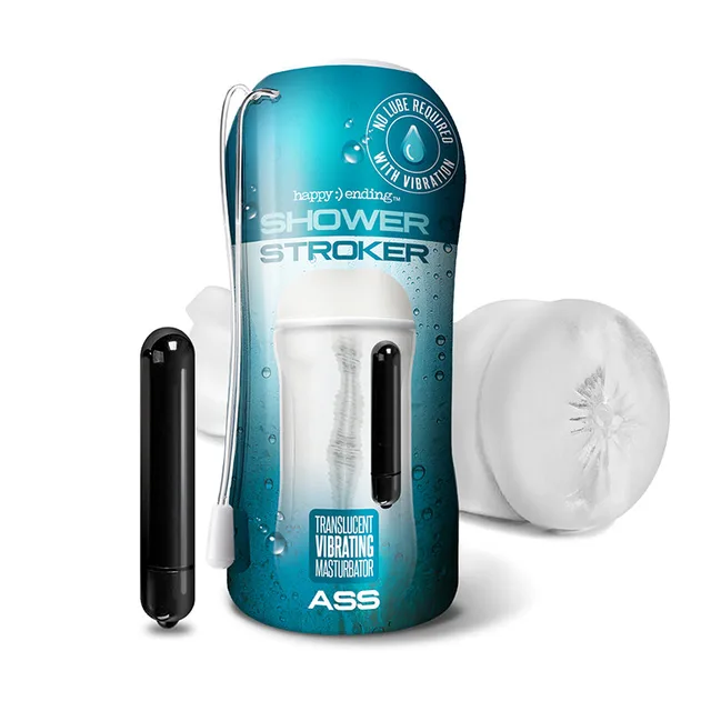 Happy Ending vibrating ass stroker with teal package, white sleeve and black bullet