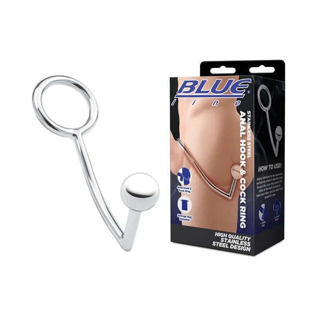 Blue Line polished steel anal hook and 45 mm ring beside black box