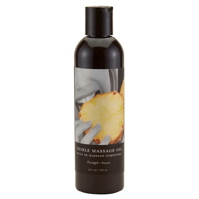 Earthly Body Pineapple 8 oz massage oil in black bottle with fruit label