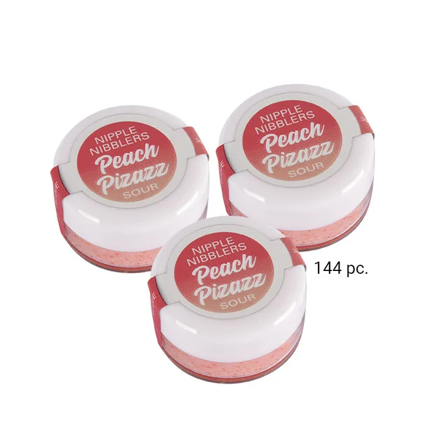 Three light-pink Nipple Nibbler Peach Pizazz balm pots marked 144 pieces