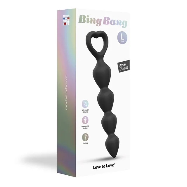 Black large Bing Bang seven-bead strand beside tall retail box