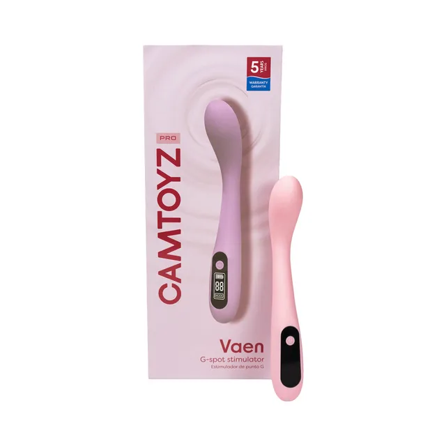 Camtoyz Vaen pink curved G-spot stimulator displayed beside the pink retail box