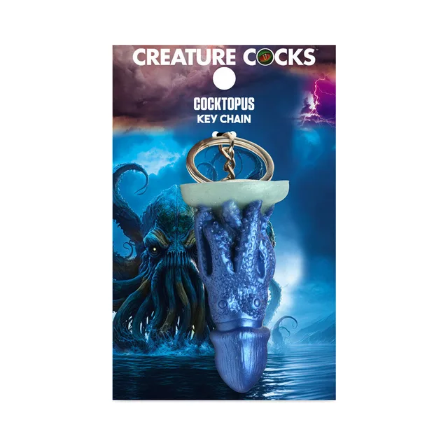 blue Cocktopus tentacle keychain with suction-cup details on ocean card