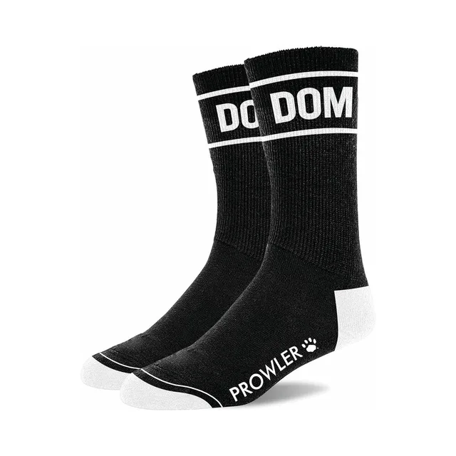 Prowler RED Dom black cotton crew socks pair with white DOM cuff lettering white heels and white toes
