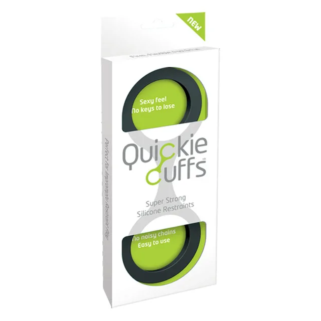 Quickie Cuffs Large Black Silicone white lime retail carton with black cuffs visible through oval window