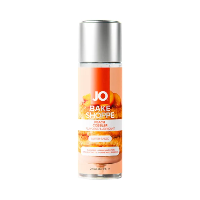 System JO peach cobbler water-based lube 2 oz single peach label bottle on a white background