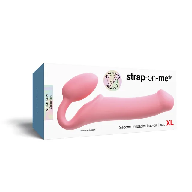 Pink Strap-On-Me XL bendable silicone strapless strap-on pictured on box