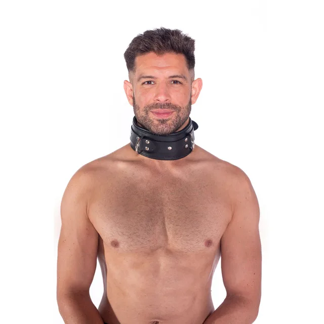 Front view of Prowler RED S/M black lockable collar worn with three rings