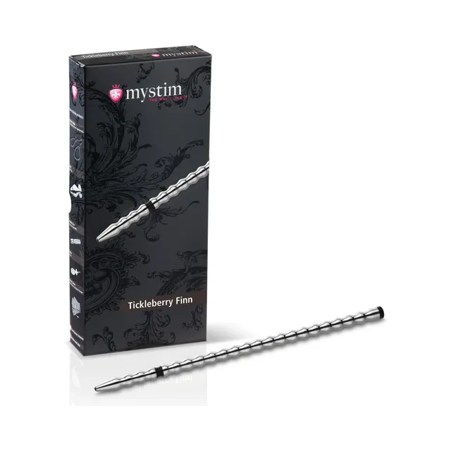 Mystim Tickleberry Finn beaded urethral sound long segmented silver rod beside black box