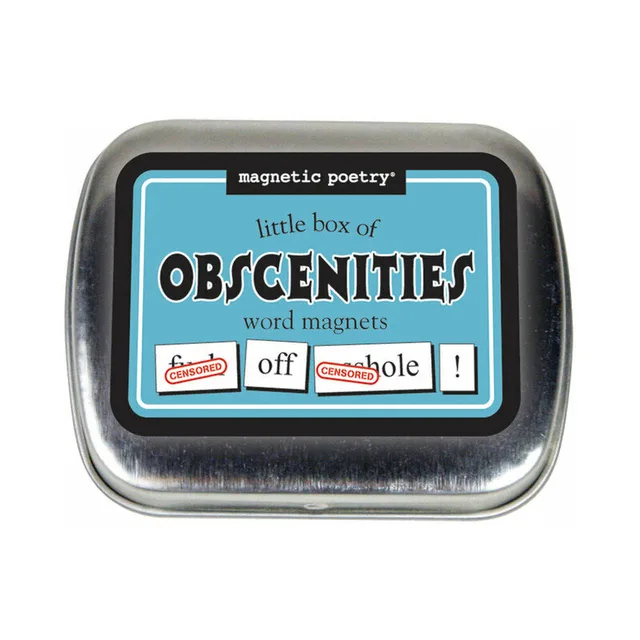 silver Little Box of Obscenities word magnet tin with blue and black label