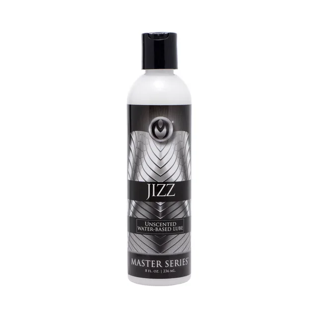 white Master Series Jizz unscented 8 fl oz lubricant bottle with black cap