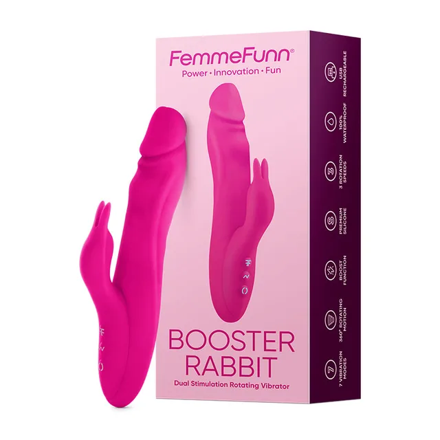 FemmeFunn Vortex Booster Pink Rabbit Vibrator beside pink purple retail carton