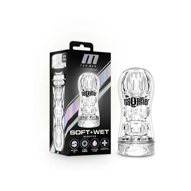 Clear M for Men Magnifier stroker beside black retail box