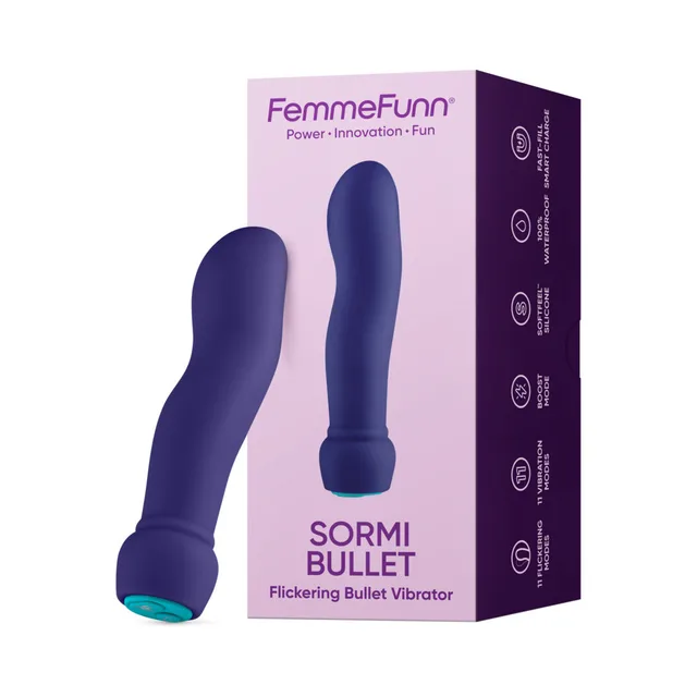 Dark-purple FemmeFunn Sormi bullet pictured beside its retail box
