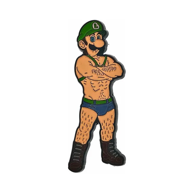 Mustache Bro enamel pin with green cap, crossed arms and black boots
