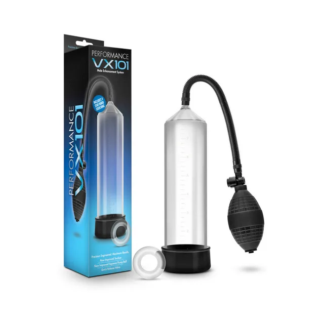 Blush Performance VX101 clear pump clear cylinder, black hand bulb and blue retail box together