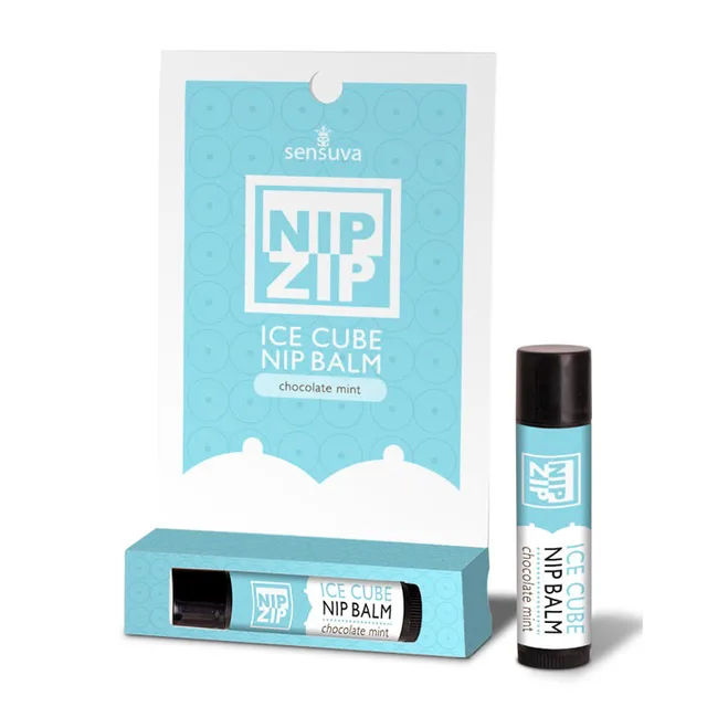 Sensuva Nip Zip Chocolate Mint Balm white tube with black cap beside turquoise carton
