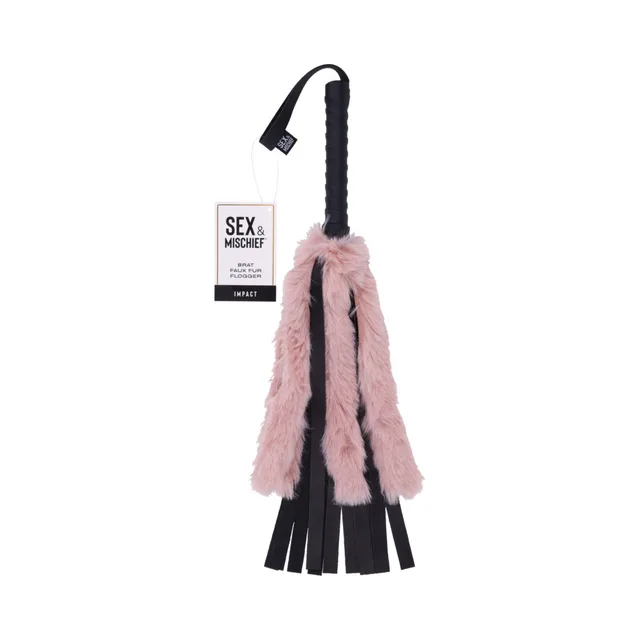 Sportsheets Brat flogger with pink faux-fur and black vegan-leather falls