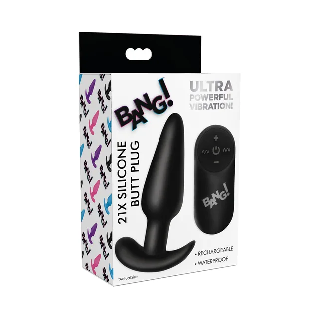 black BANG 21X silicone anal plug and wireless remote pictured on box
