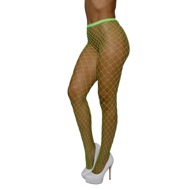 Dreamgirl neon-lime high-waist fence-net pantyhose front-side leg view