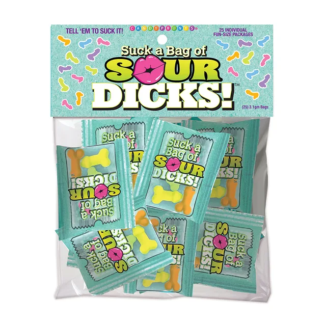clear bag with 25 turquoise Sour Dicks candy packets and printed header