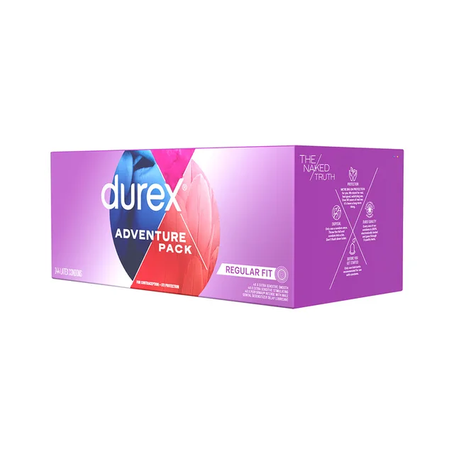 Rear three-quarter view of Durex Adventure Pack 144-piece carton