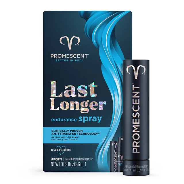 Promescent Climax Control 20-spray dispenser with navy and blue 0.09 fl oz carton