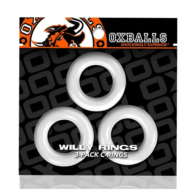 Three white Oxballs Willy Rings on black patterned hanging card