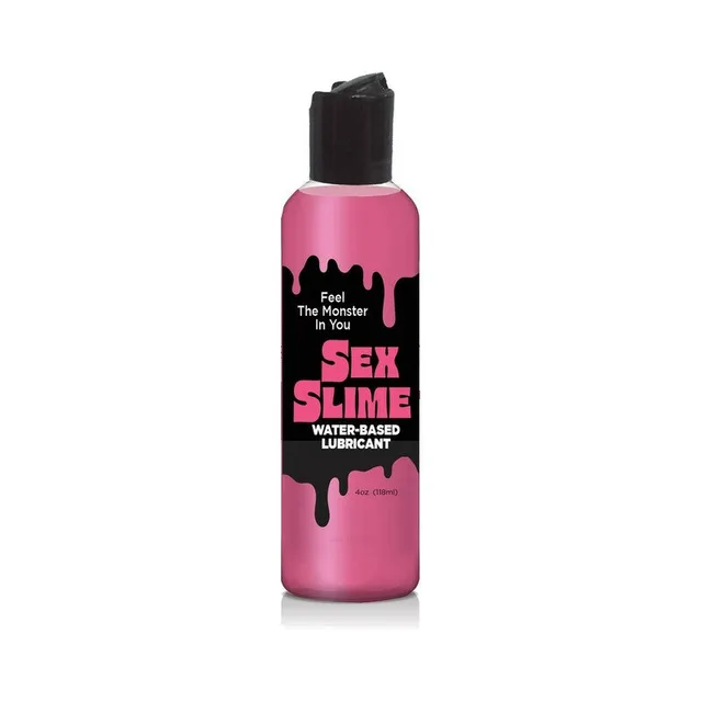 pink 4 oz Sex Slime lubricant bottle with black cap and black drip label