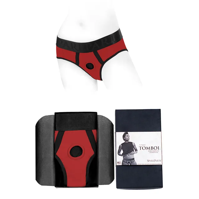 SpareParts Tomboi red and black nylon size XS brief harness with folded garment and retail package