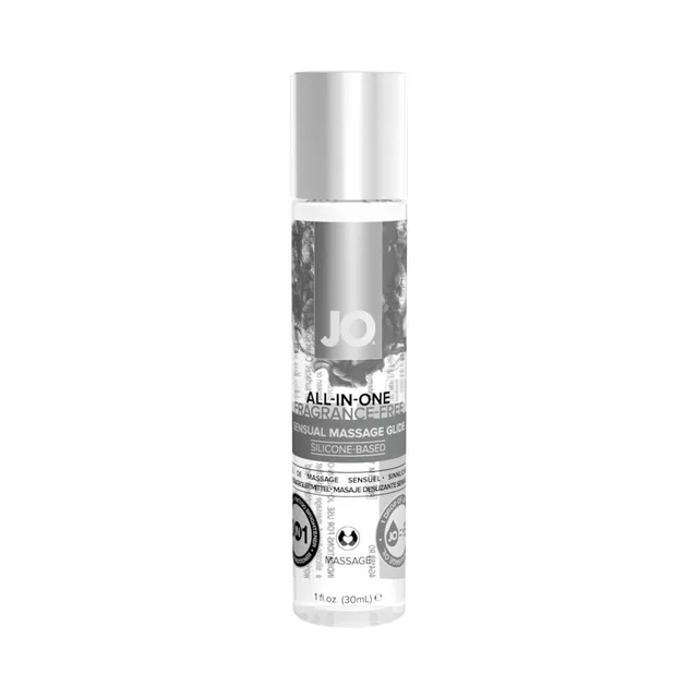 Slim 1 oz JO All-In-One clear bottle with silver cap and gray label