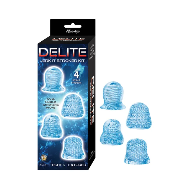 Four blue Delite textured sleeves beside black retail box