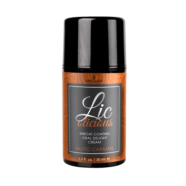 Sensuva Lic-o-licious Salted Caramel 1.7 oz black airless pump bottle with orange gray label