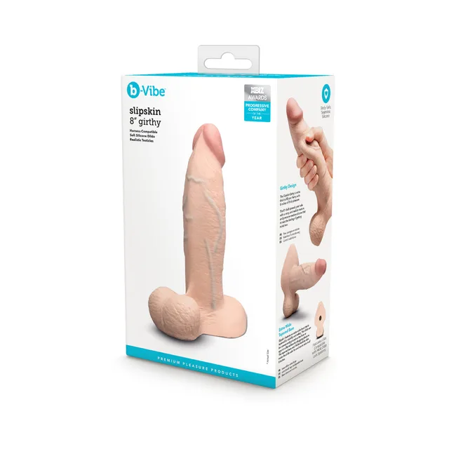 Cream 8-inch Slipskin Girthy dildo beside retail box