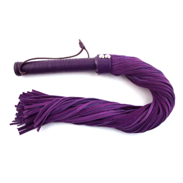 Rouge flogger with black wrapped handle and long purple suede tails