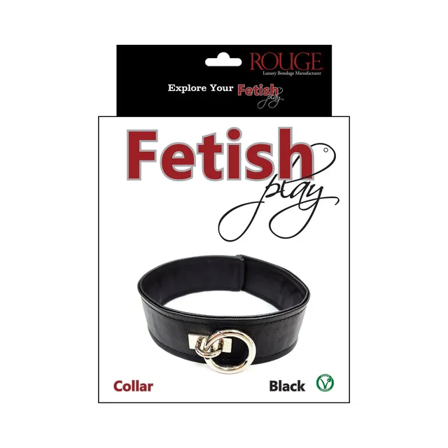 Black Rouge Fetish Play vegan-leather collar with silver O-ring on retail card