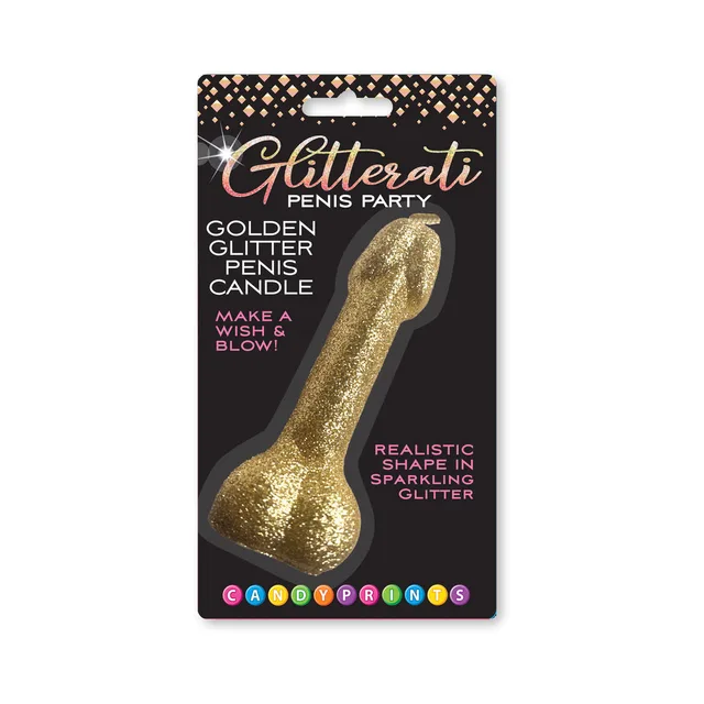 Gold Glitterati penis-shaped candle on black retail card