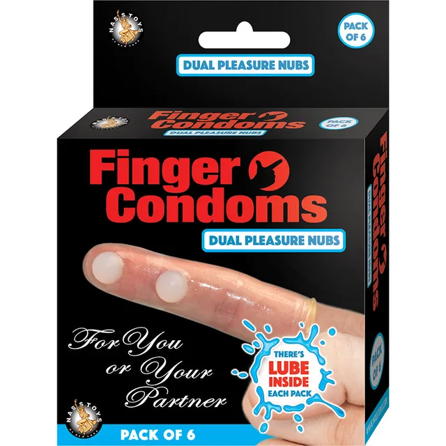 Nasstoys Finger Condoms with Lube six-pack black-and-orange box with six beige nubby sleeves and blue drop graphic