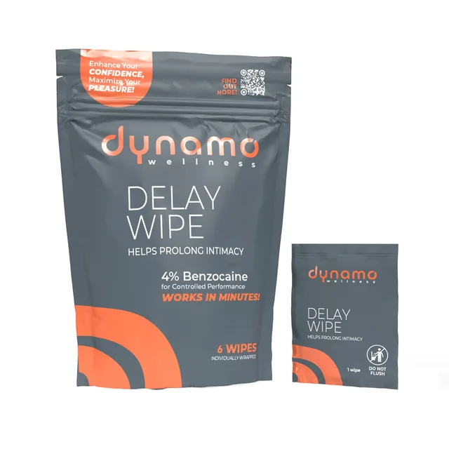 Dynamo 4% benzocaine delay wipes six-pack pouch and sachet