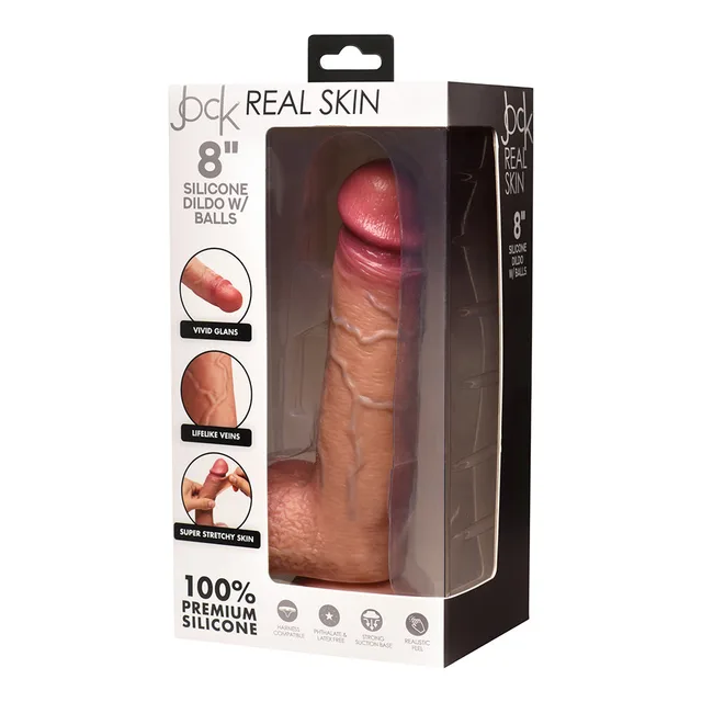 JOCK medium-tone 8-inch silicone dildo with balls in Real Skin box