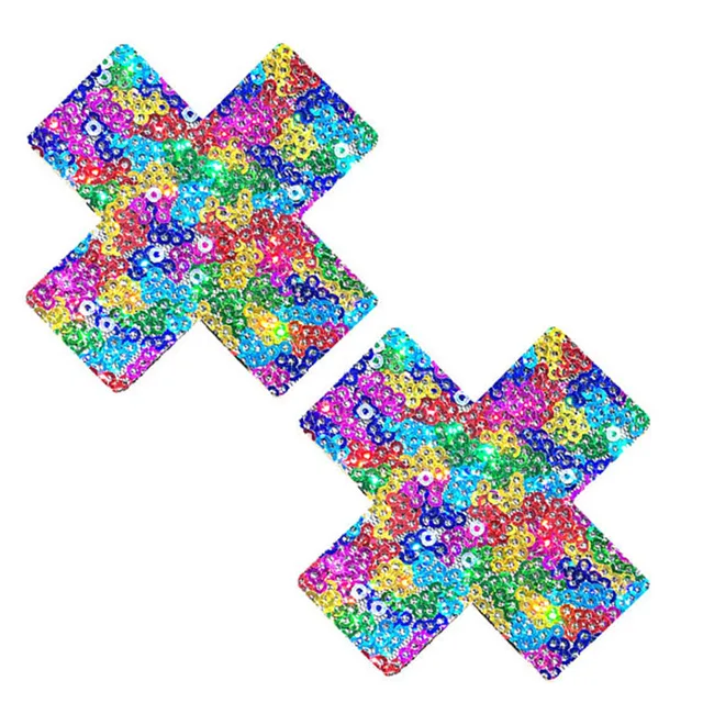 Pair of Neva Nude X-shaped pasties with multicolor rainbow sequins
