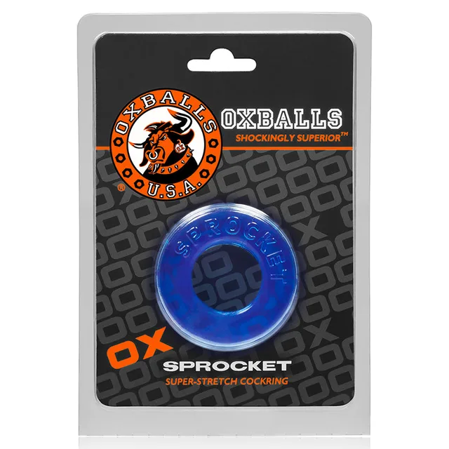 OxBalls Sprocket Ice Blue Textured Ring in hanging package