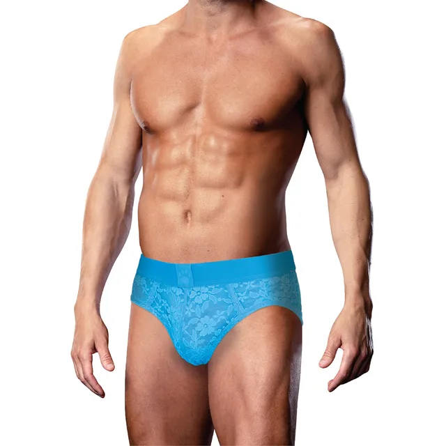 Front view of neon-blue Prowler lace brief XL-2XL