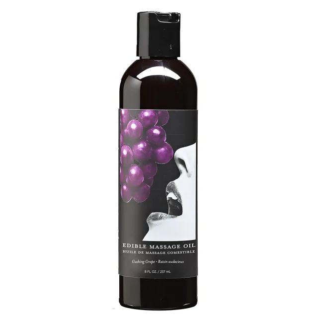 Earthly Body Grape Massage Oil black eight-ounce bottle with purple grape label