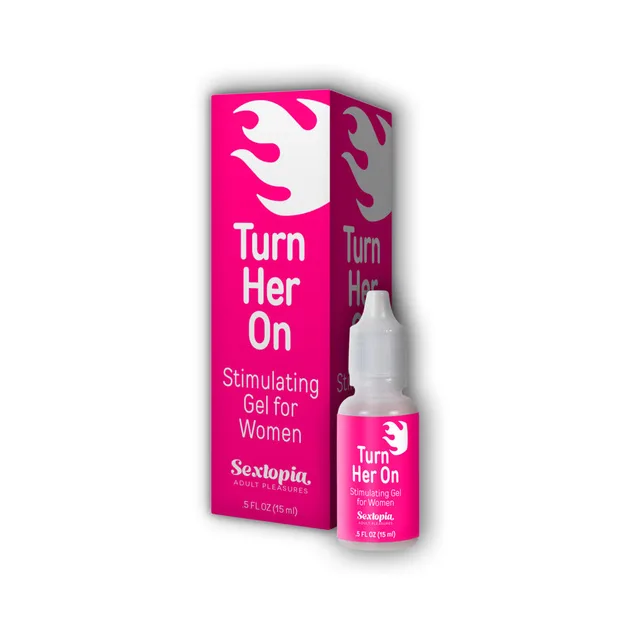 hot pink Sextopia Turn Her On 0.5 oz dropper bottle beside matching retail box