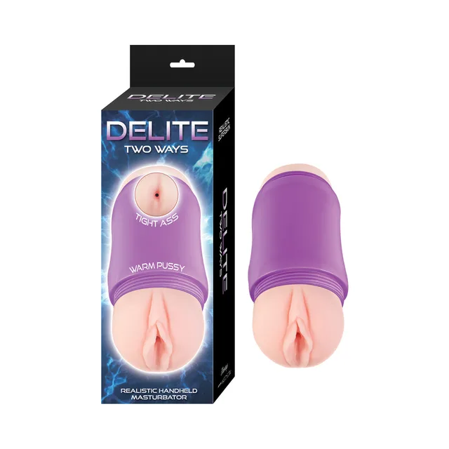 beige vaginal opening on Nasstoys Delite Two Ways stroker beside purple and black box