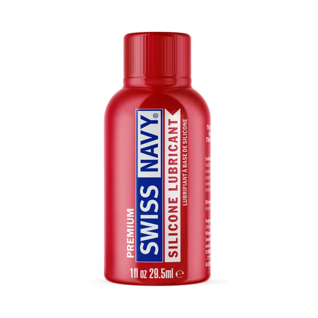 Front of red Swiss Navy Silicone Lubricant 1 oz bottle