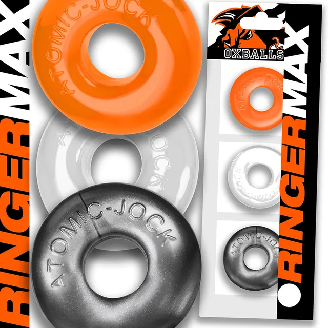 orange clear and gray OxBalls Ringer Max rings beside matching sleeve