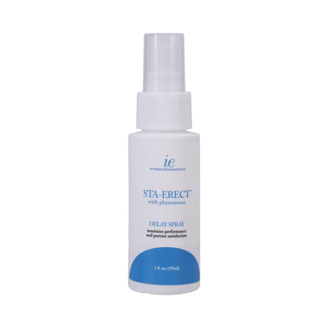 Clear Sta-Erect spray bottle with white pump and blue label