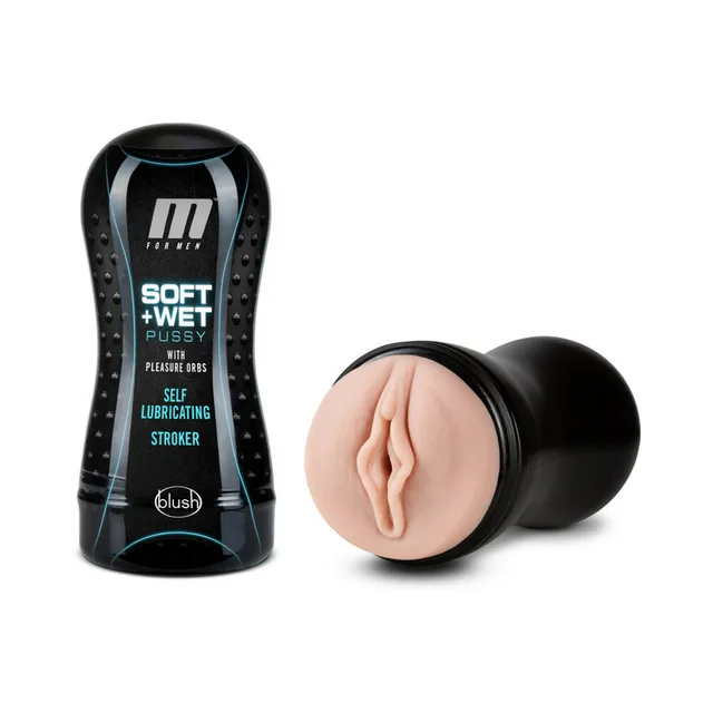 Blush M for Men Pleasure Orbs beige stroker beside black package